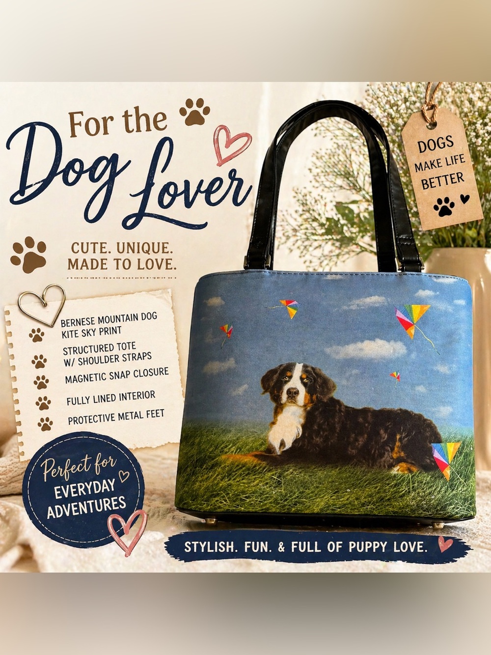 Bernese Mountain Dog Tote Bag w/ Kite Sky Print | Structured Shoulder Bag